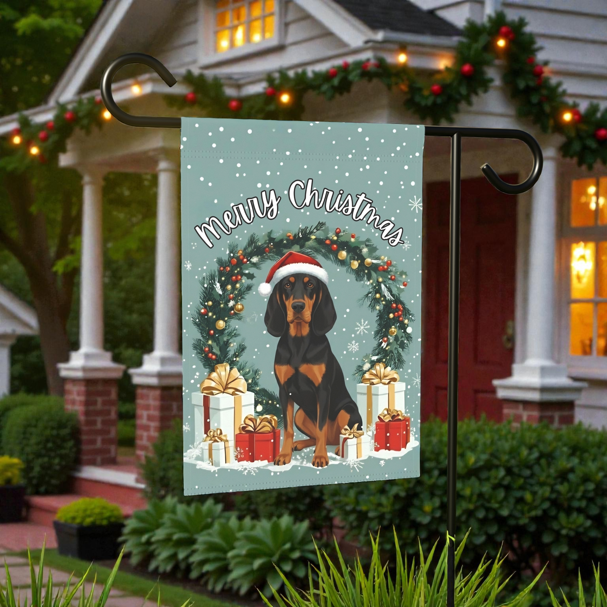 Merry Christmas Black and Tan Coonhound Garden Flag