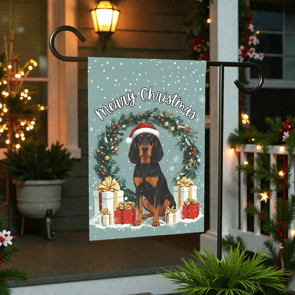 Merry Christmas Black and Tan Coonhound Garden Flag