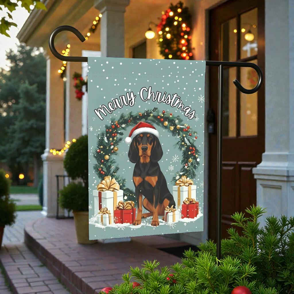 Merry Christmas Black and Tan Coonhound Garden Flag