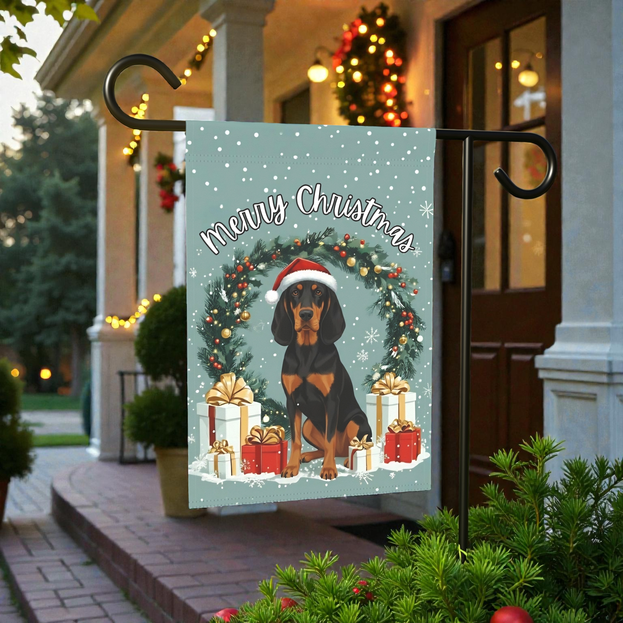 Merry Christmas Black and Tan Coonhound Garden Flag
