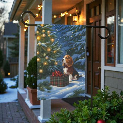 Beagle Christmas Present Garden Flag - front view - Dragonfire Gardens