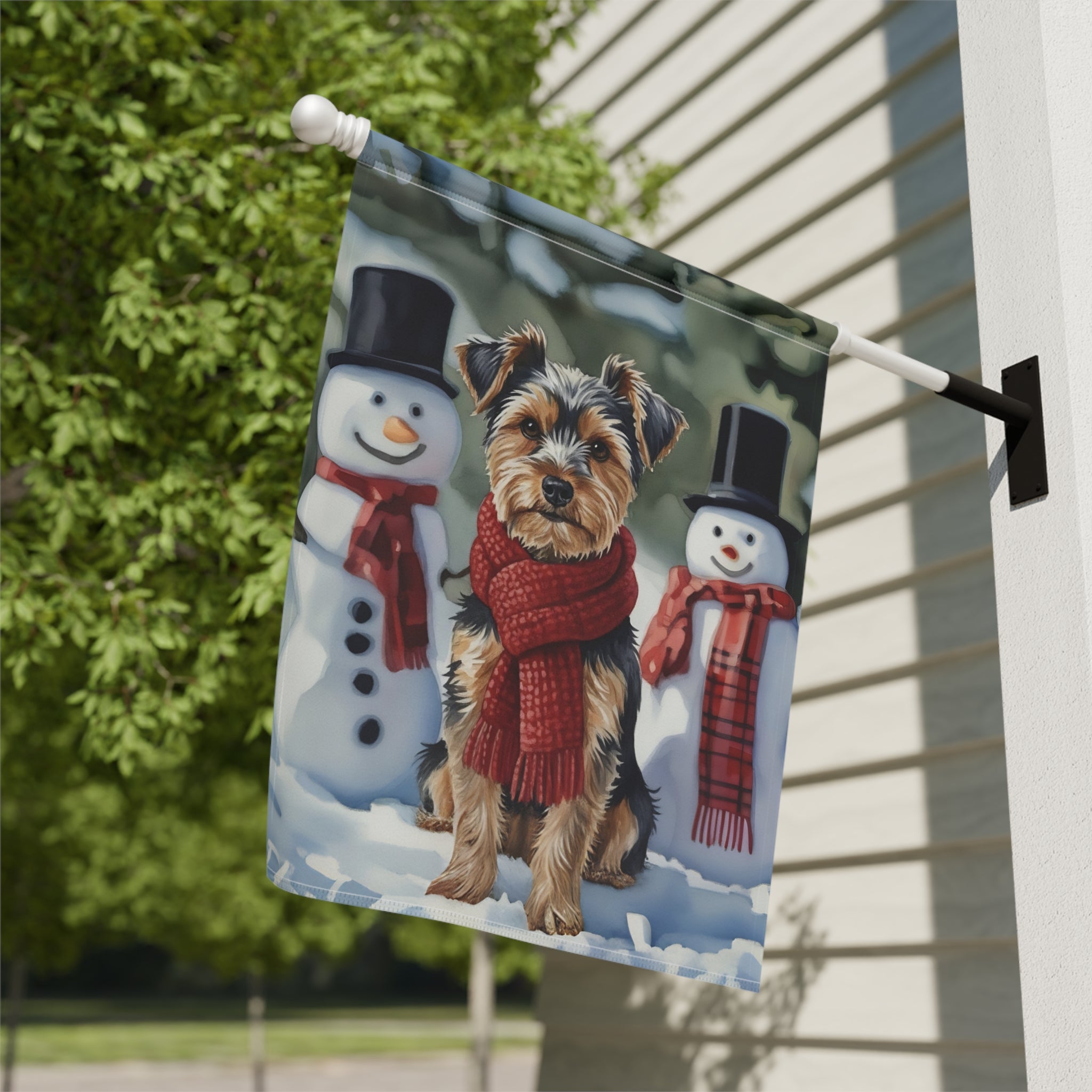 Yorkshire Terrier and Snowmen Christmas Garden Flag - close-up detail - Dragonfire Gardens