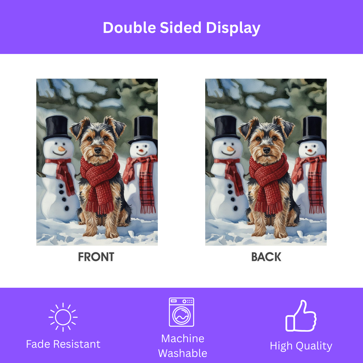 Yorkshire Terrier and Snowmen Christmas Garden Flag - double-sided design - Dragonfire Gardens