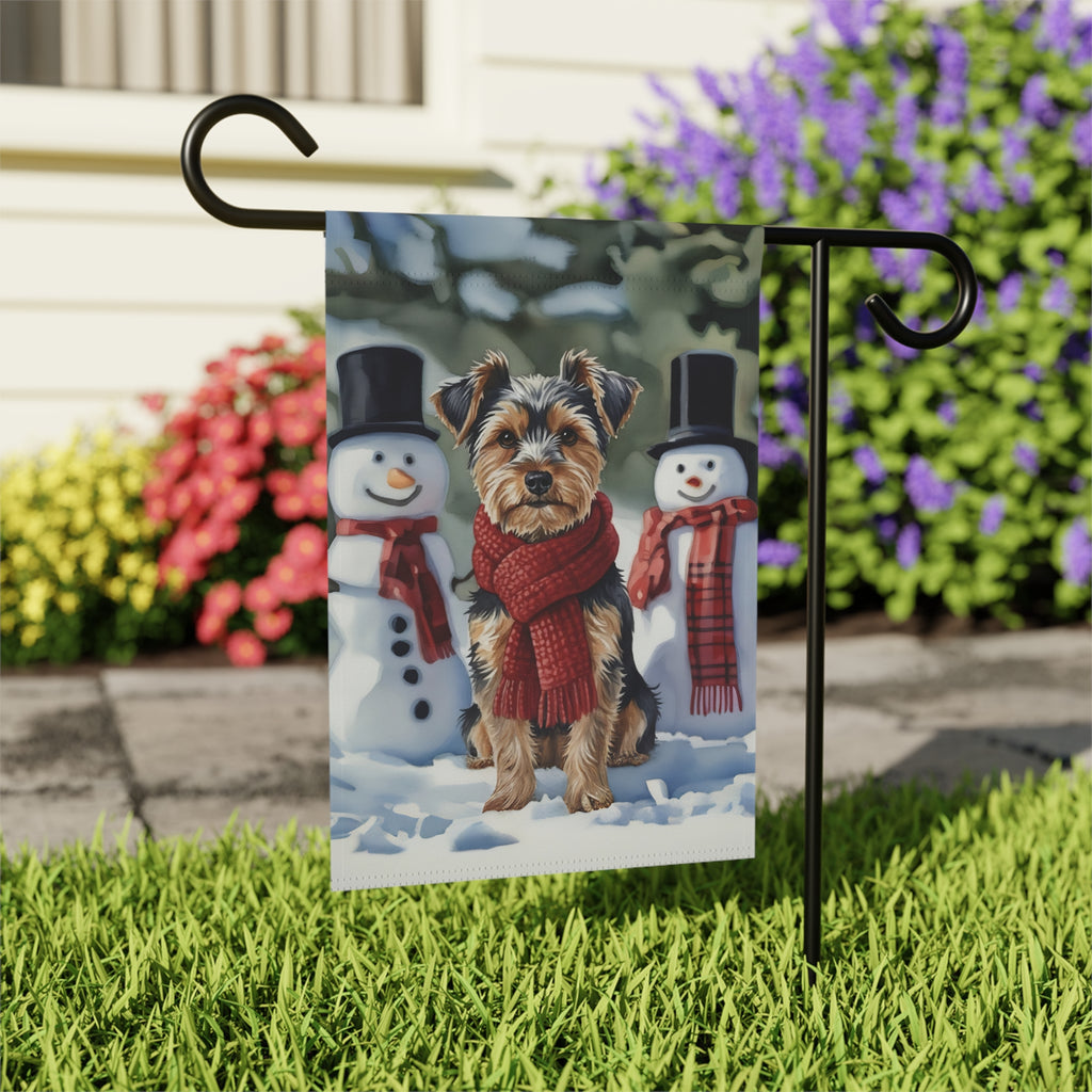 Yorkshire Terrier and Snowmen Christmas Garden Flag - outdoor display - Dragonfire Gardens