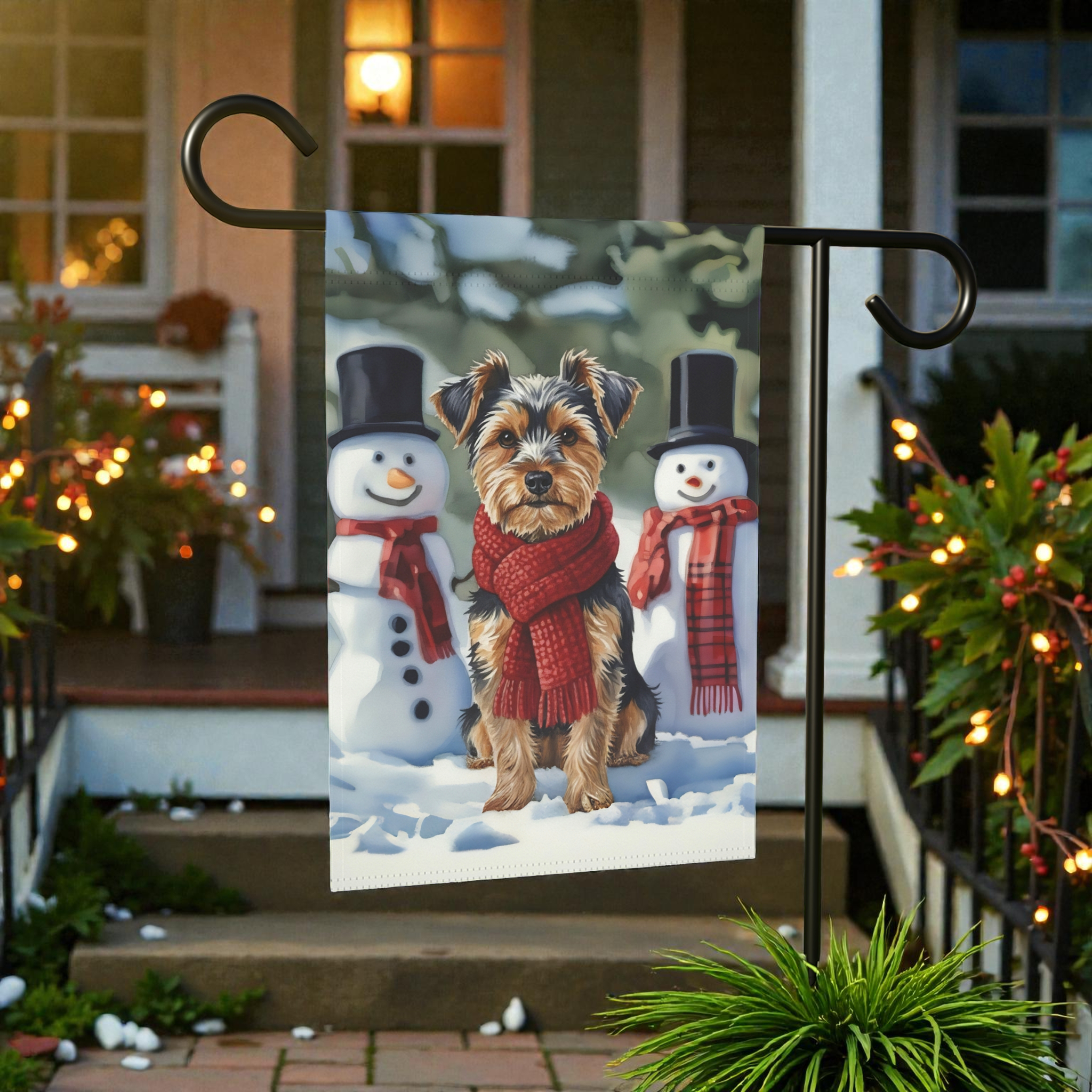 Yorkshire Terrier and Snowmen Christmas Garden Flag - lifestyle display - Dragonfire Gardens