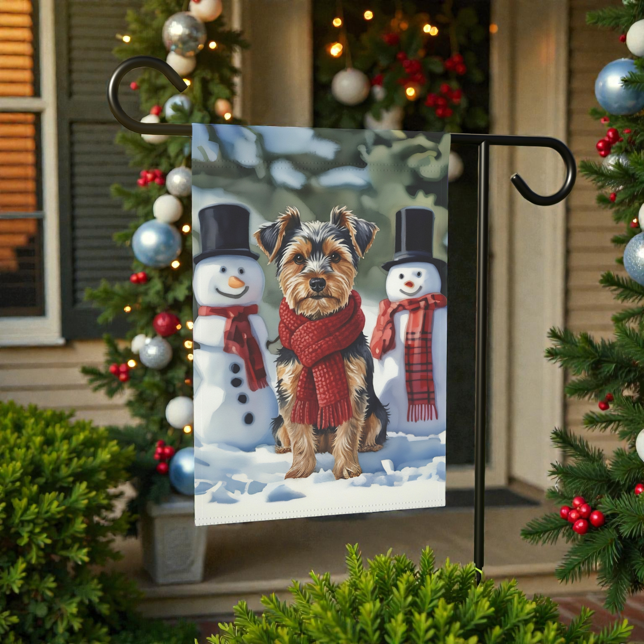 Yorkshire Terrier and Snowmen Christmas Garden Flag - product detail - Dragonfire Gardens