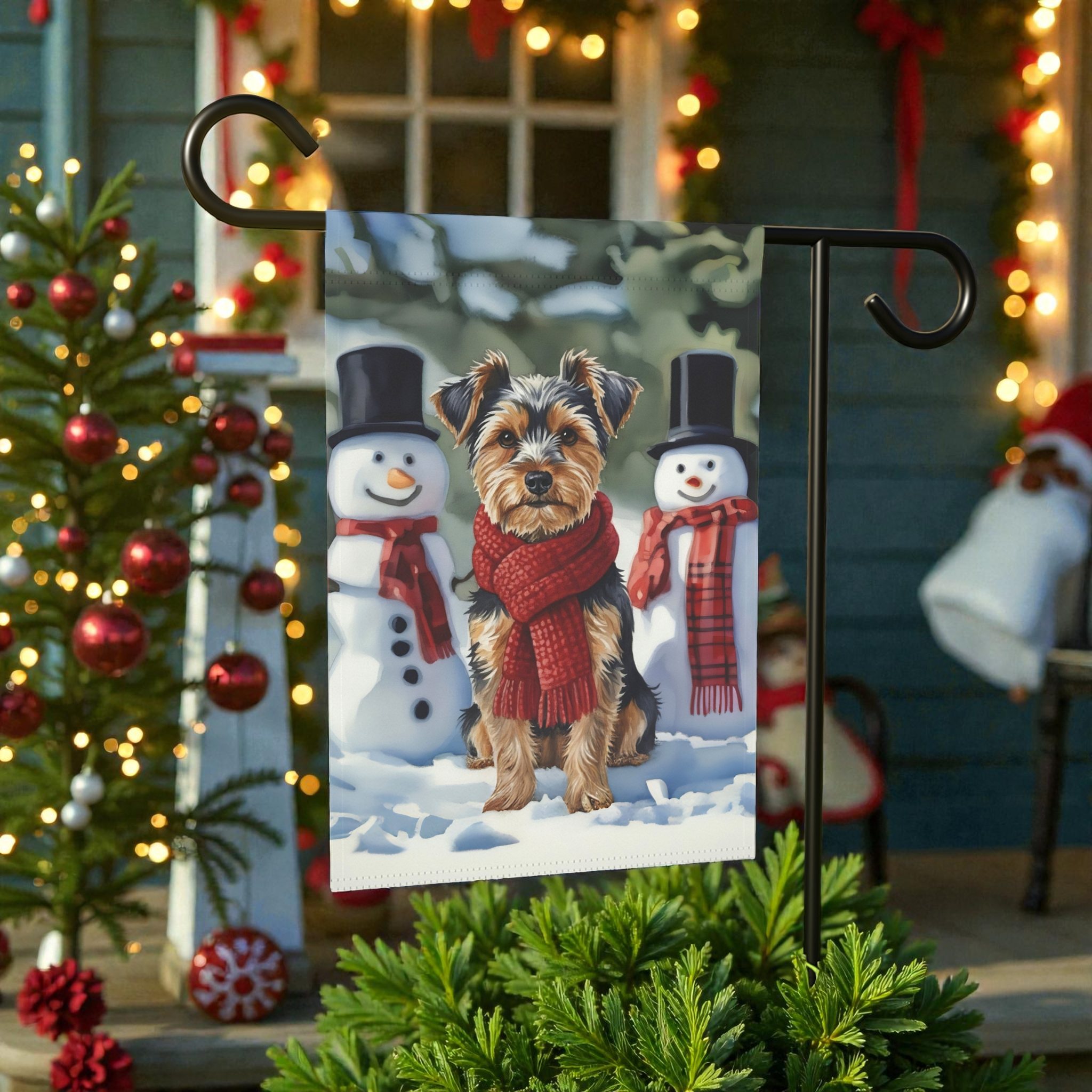 Yorkshire Terrier and Snowmen Christmas Garden Flag - size comparison - Dragonfire Gardens