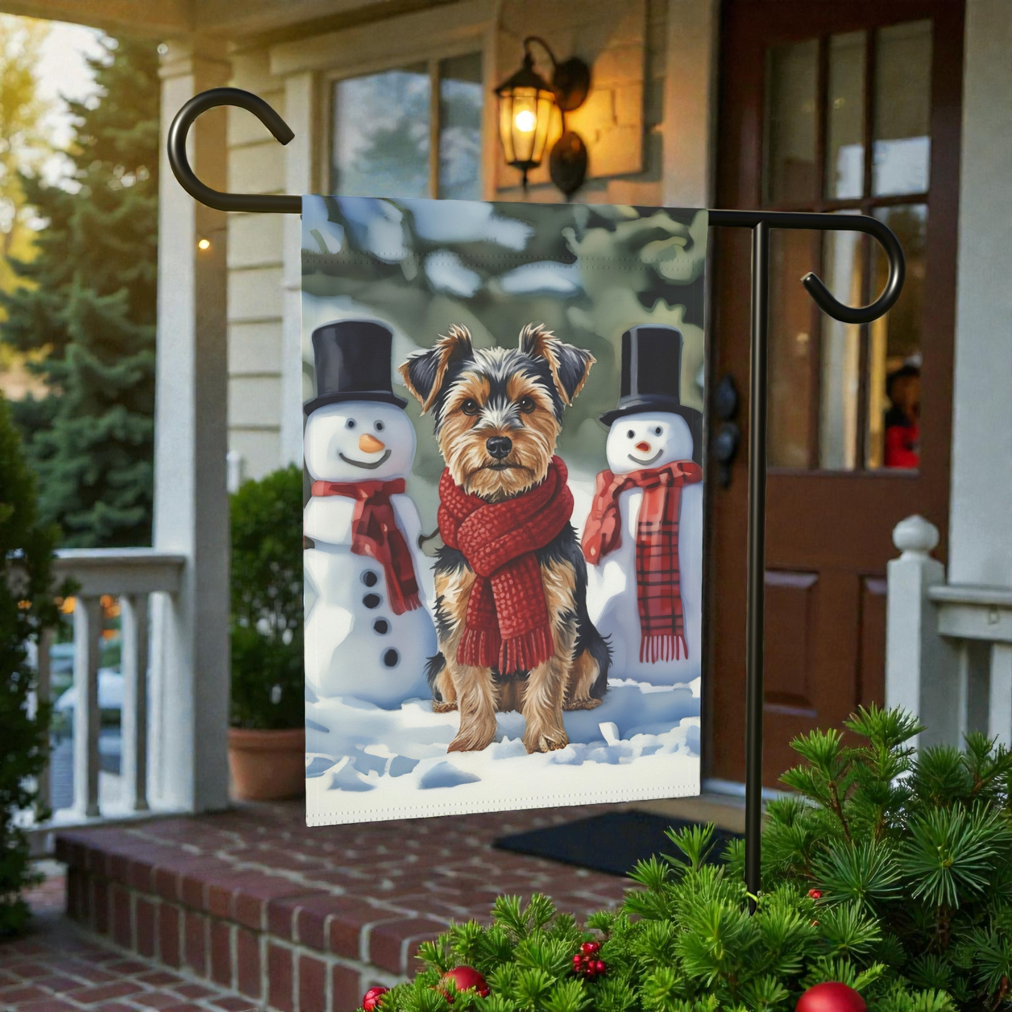 Yorkshire Terrier and Snowmen Christmas Garden Flag - front view - Dragonfire Gardens