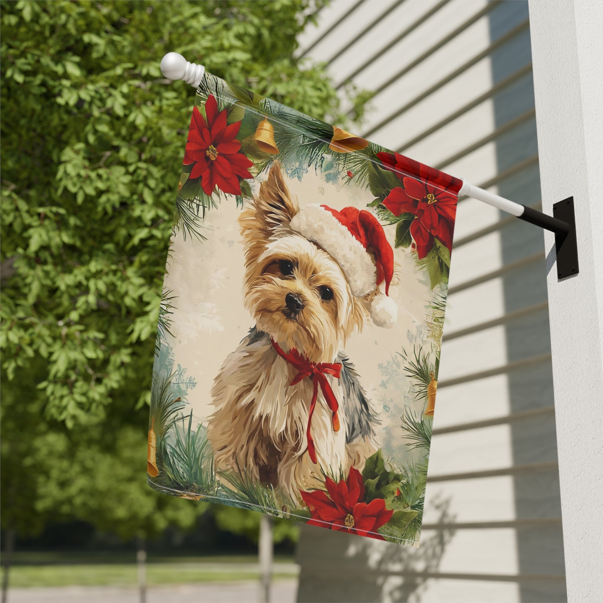 Yorkshire Terrier Poinsettia Wreath Garden Flag - close-up detail - Dragonfire Gardens