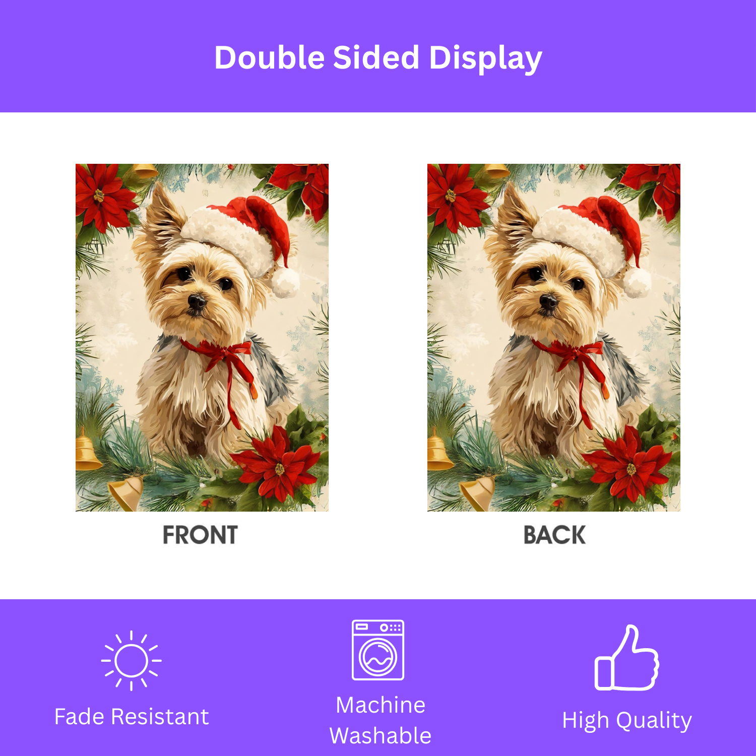 Yorkshire Terrier Poinsettia Wreath Garden Flag - double-sided design - Dragonfire Gardens