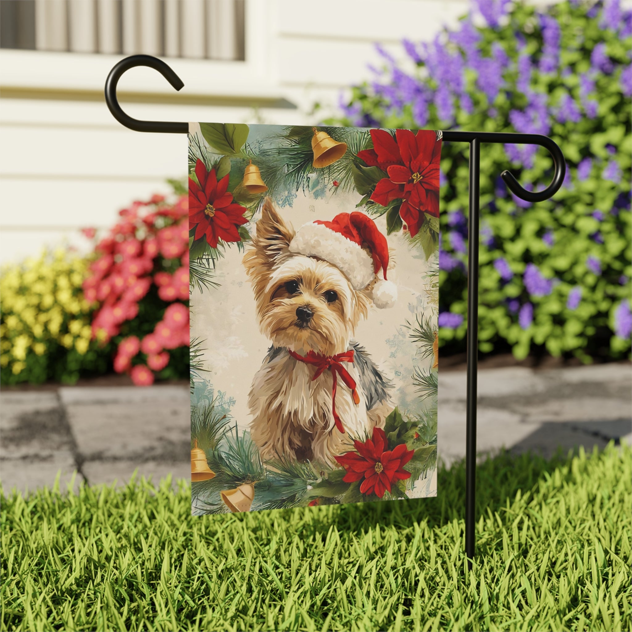 Yorkshire Terrier Poinsettia Wreath Garden Flag - outdoor display - Dragonfire Gardens