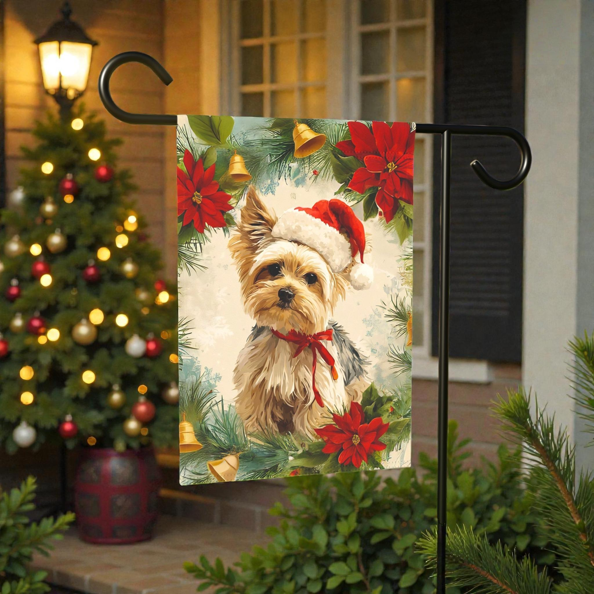Yorkshire Terrier Poinsettia Wreath Garden Flag - lifestyle display - Dragonfire Gardens