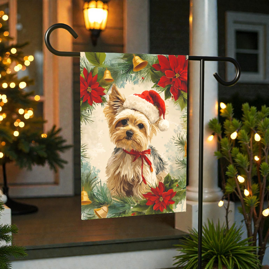 Yorkshire Terrier Poinsettia Wreath Garden Flag - front view - Dragonfire Gardens