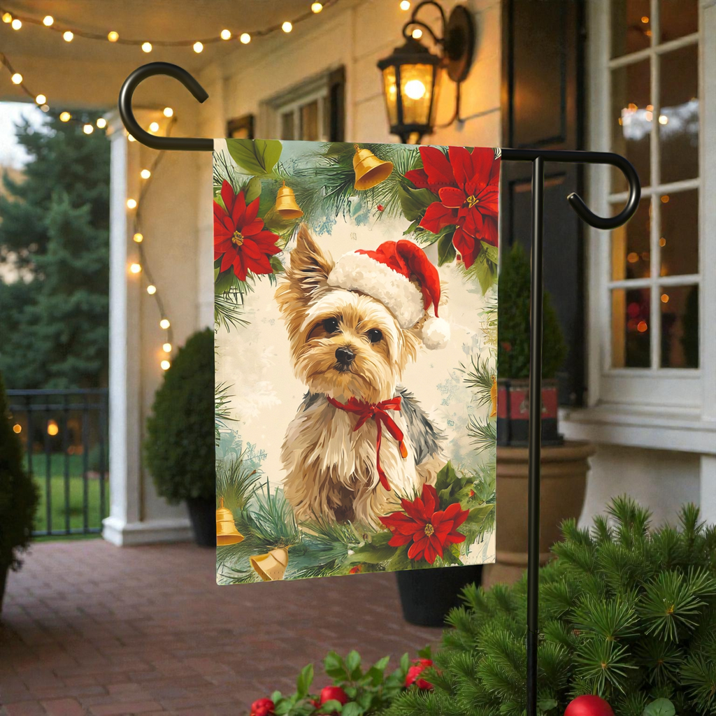 Yorkshire Terrier Poinsettia Wreath Garden Flag - product detail - Dragonfire Gardens