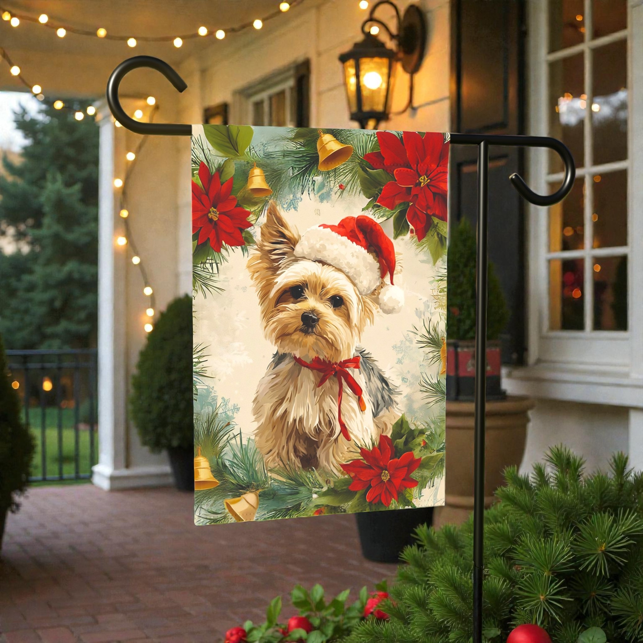 Yorkshire Terrier Poinsettia Wreath Garden Flag - product detail - Dragonfire Gardens
