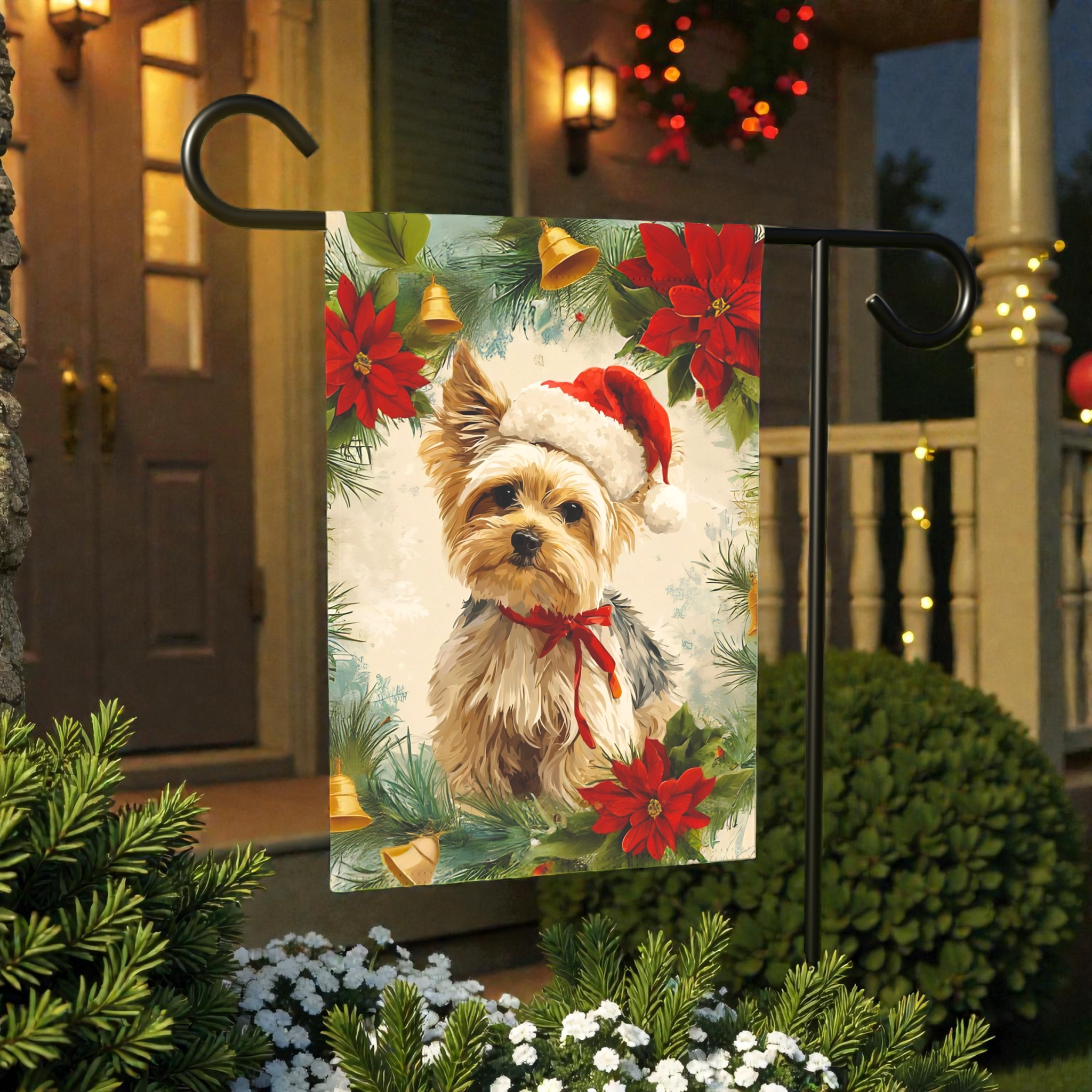Yorkshire Terrier Poinsettia Wreath Garden Flag - banner view - Dragonfire Gardens