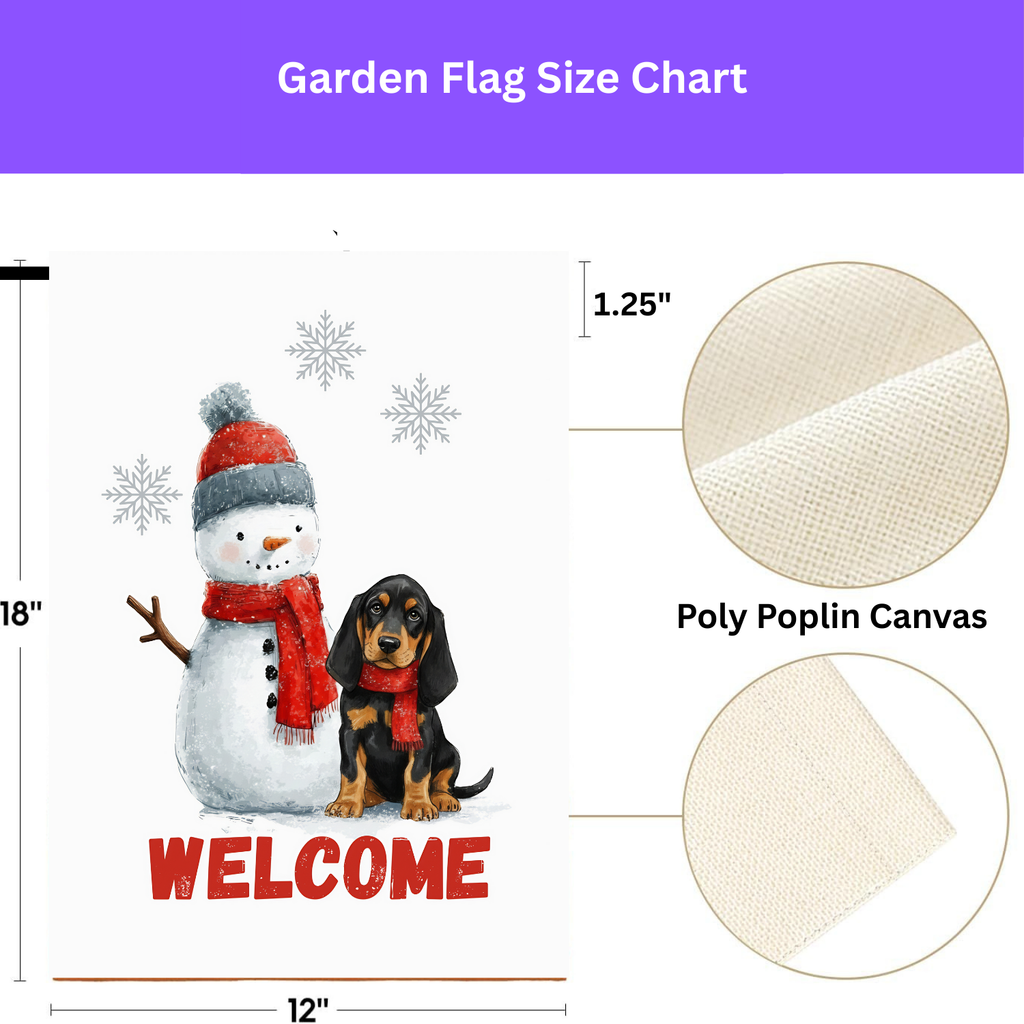 Black and Tan Coonhound and Snowman Welcome Flag Garden Flag - double-sided design - Dragonfire Gardens