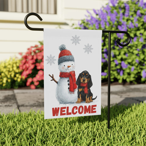 Black and Tan Coonhound and Snowman Welcome Flag Garden Flag - outdoor display - Dragonfire Gardens