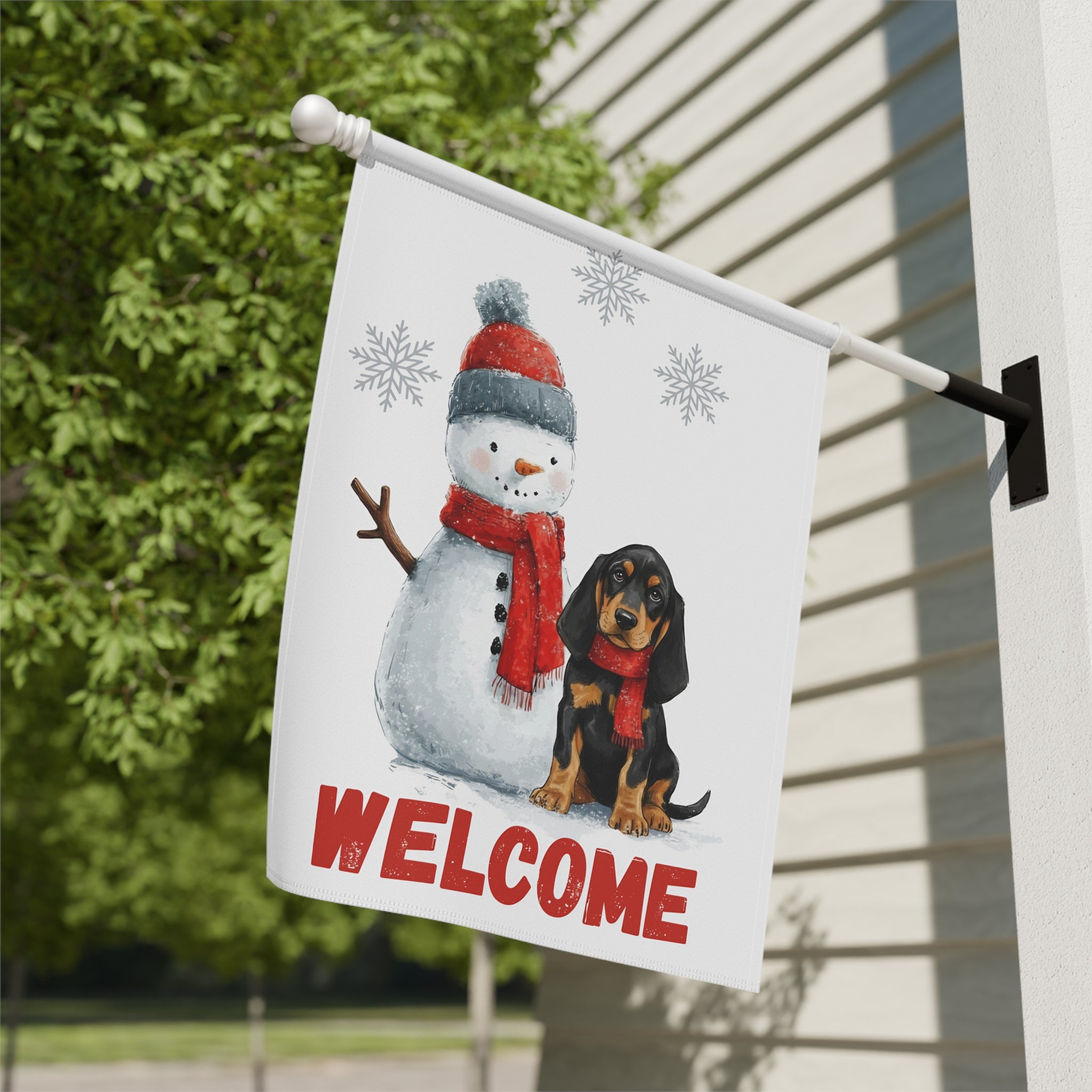 Black and Tan Coonhound and Snowman Welcome Flag Garden Flag - close-up detail - Dragonfire Gardens