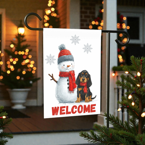 Black and Tan Coonhound and Snowman Welcome Flag Garden Flag - front view - Dragonfire Gardens