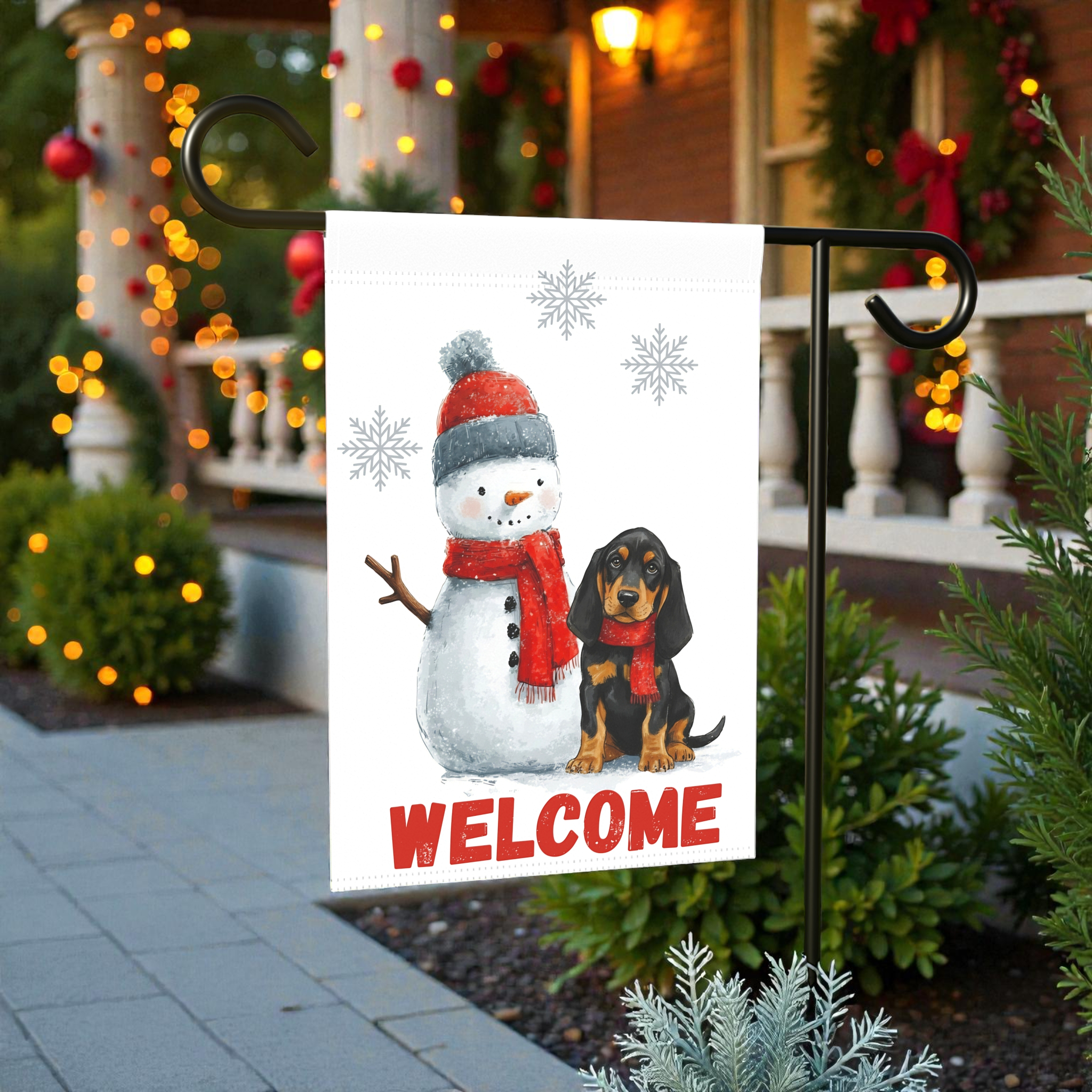 Black and Tan Coonhound and Snowman Welcome Flag Garden Flag - size comparison - Dragonfire Gardens