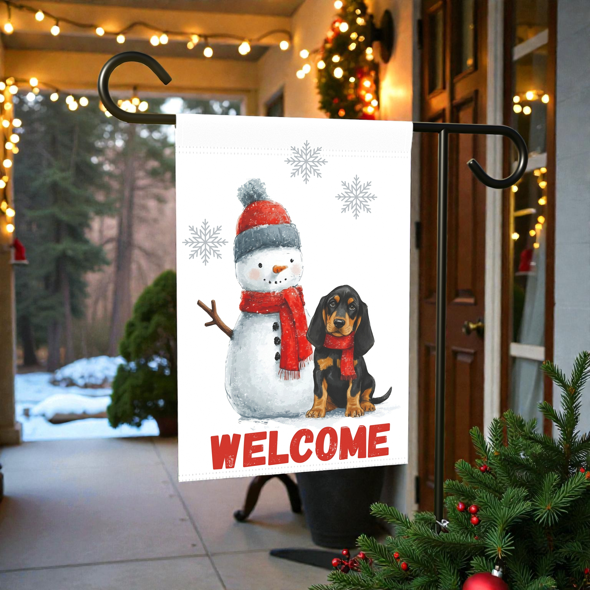 Black and Tan Coonhound and Snowman Welcome Flag Garden Flag - lifestyle display - Dragonfire Gardens