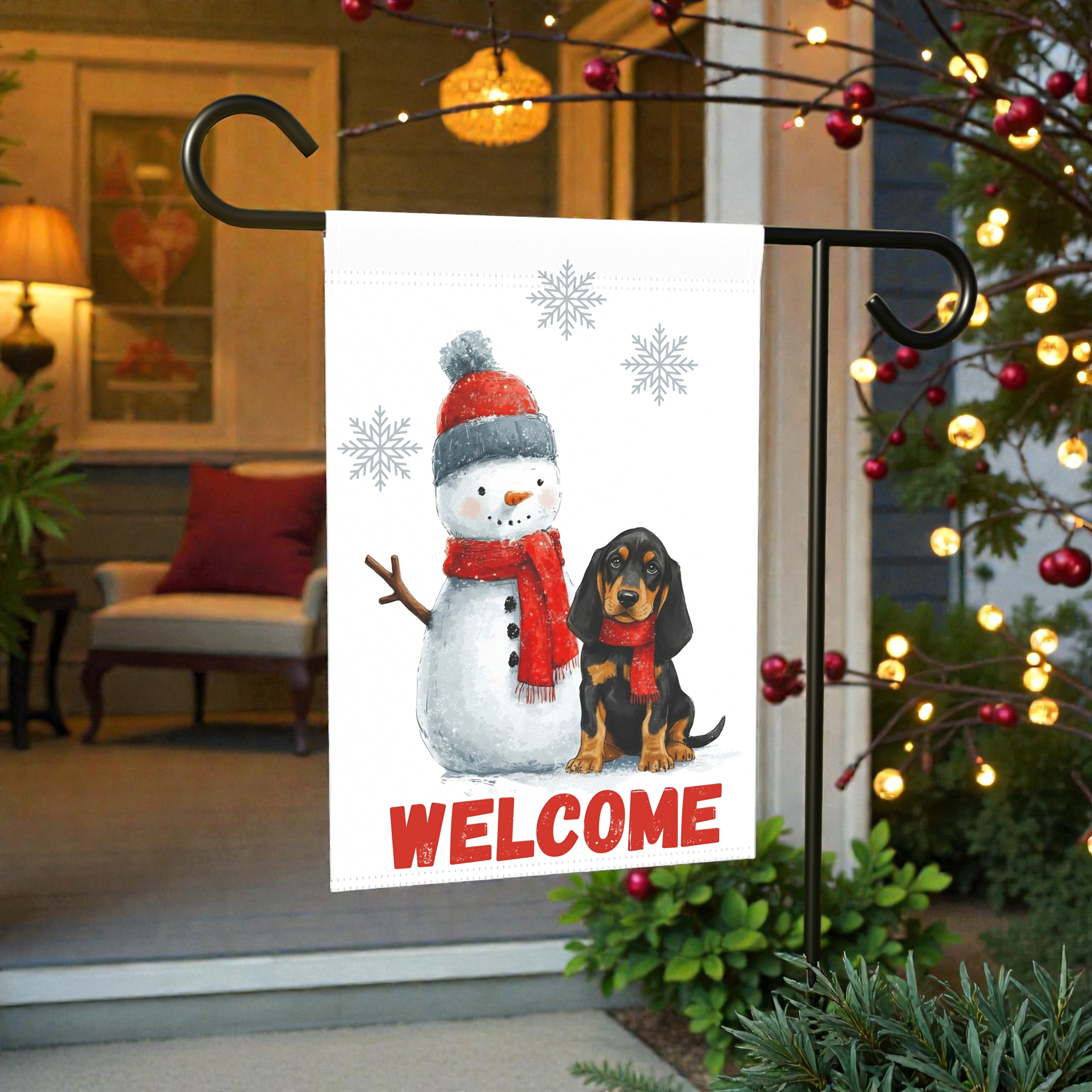 Black and Tan Coonhound and Snowman Welcome Flag Garden Flag - product detail - Dragonfire Gardens