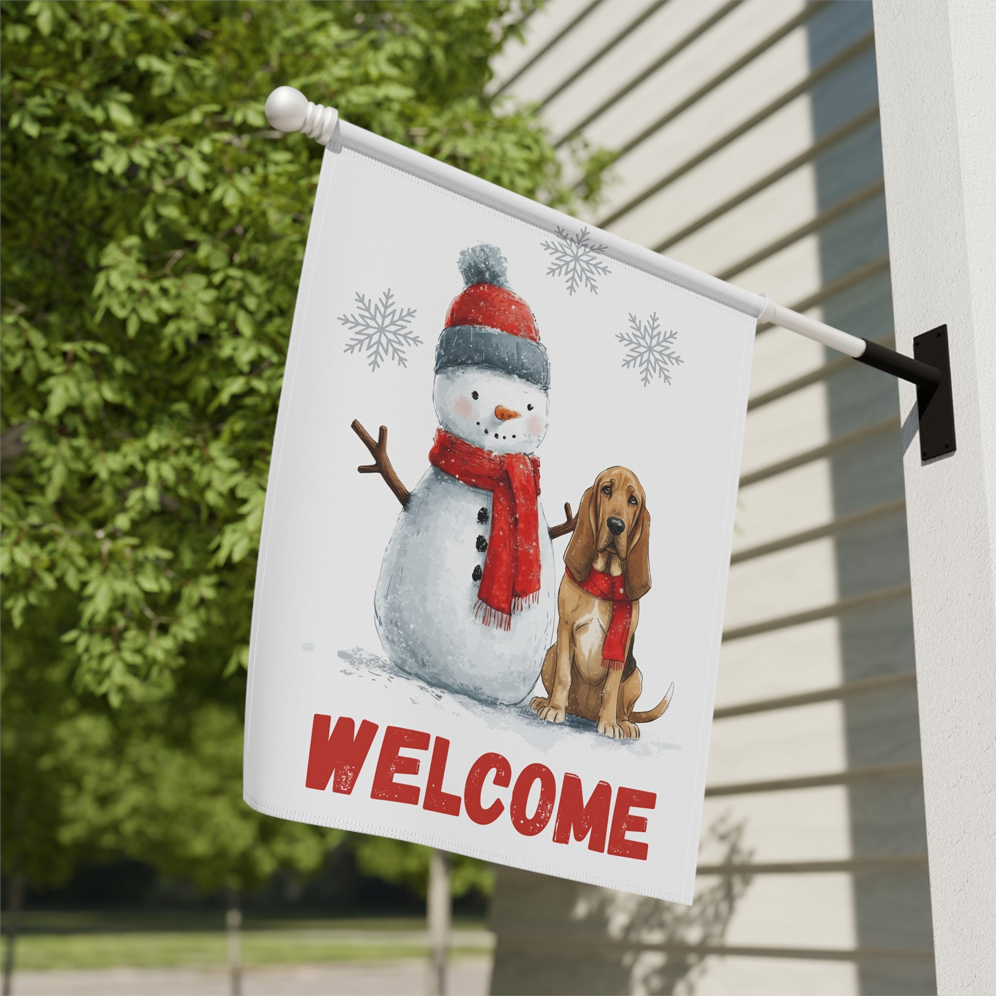 Bloodhound and Snowman Welcome Garden Flag - close-up detail - Dragonfire Gardens