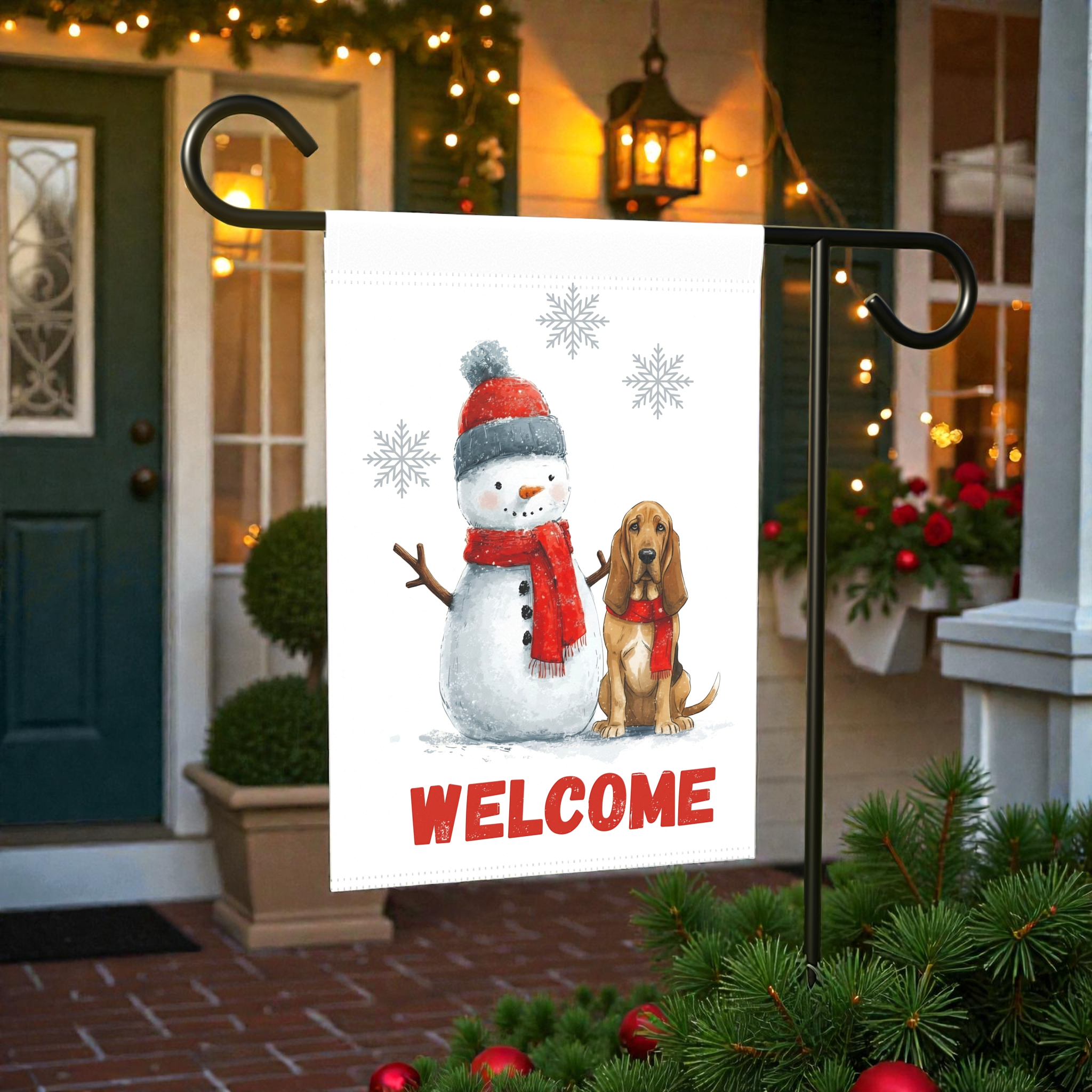 Bloodhound and Snowman Welcome Garden Flag - size comparison - Dragonfire Gardens