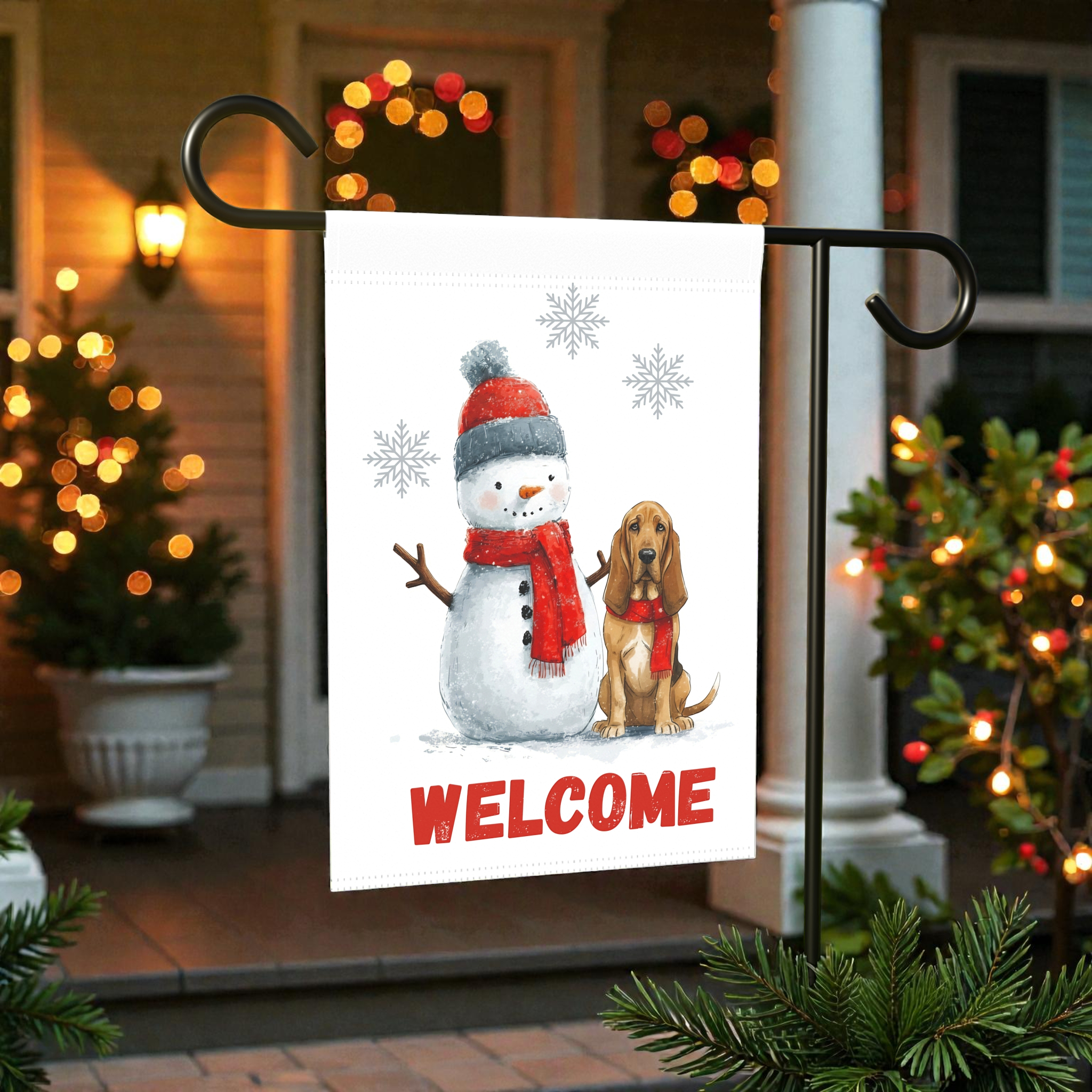 Bloodhound and Snowman Welcome Garden Flag - front view - Dragonfire Gardens