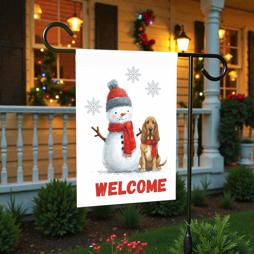 Bloodhound and Snowman Welcome Garden Flag - lifestyle display - Dragonfire Gardens