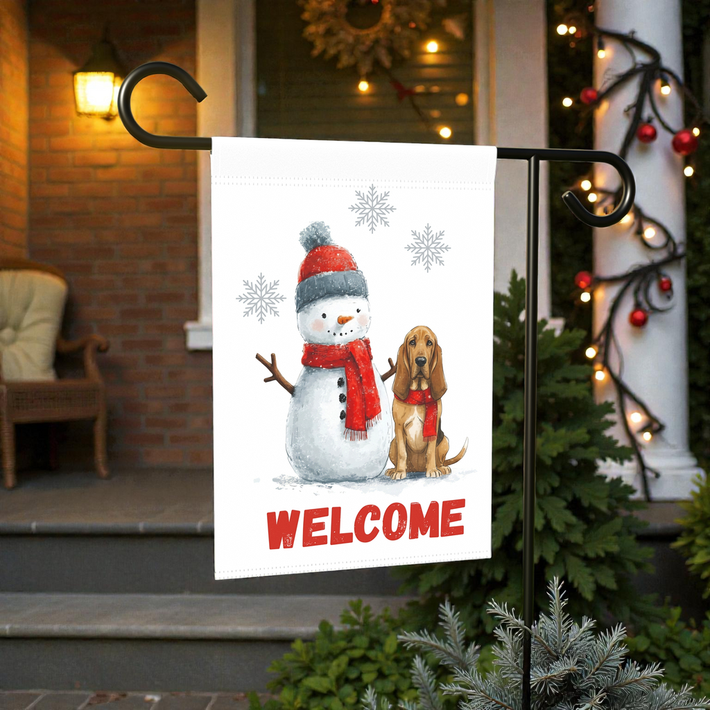Bloodhound and Snowman Welcome Garden Flag - product detail - Dragonfire Gardens