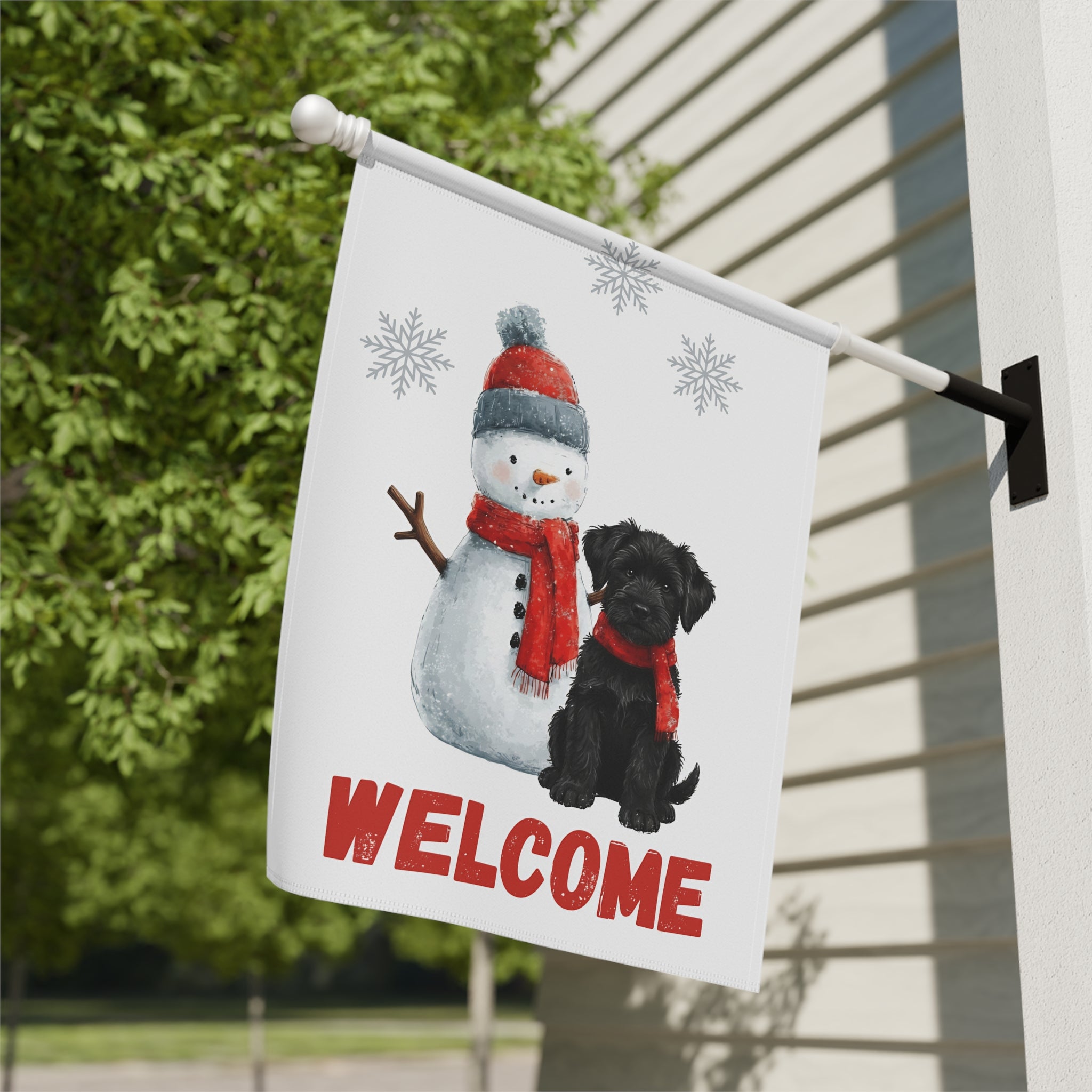Black Russian Terrier and Snowman Welcome Garden Flag - close-up detail - Dragonfire Gardens