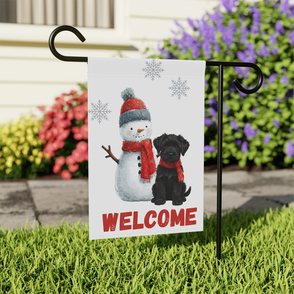 Black Russian Terrier and Snowman Welcome Garden Flag - outdoor display - Dragonfire Gardens