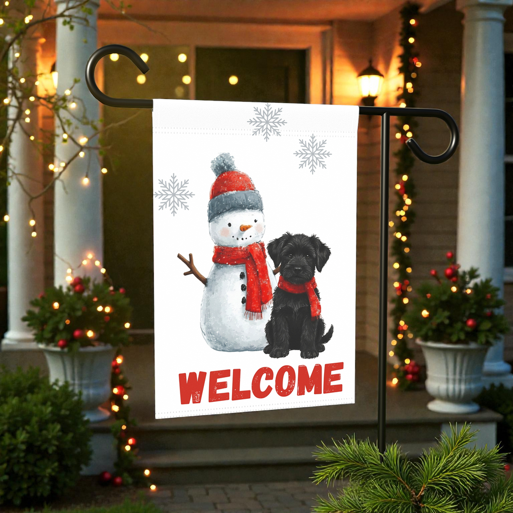 Black Russian Terrier and Snowman Welcome Garden Flag - size comparison - Dragonfire Gardens