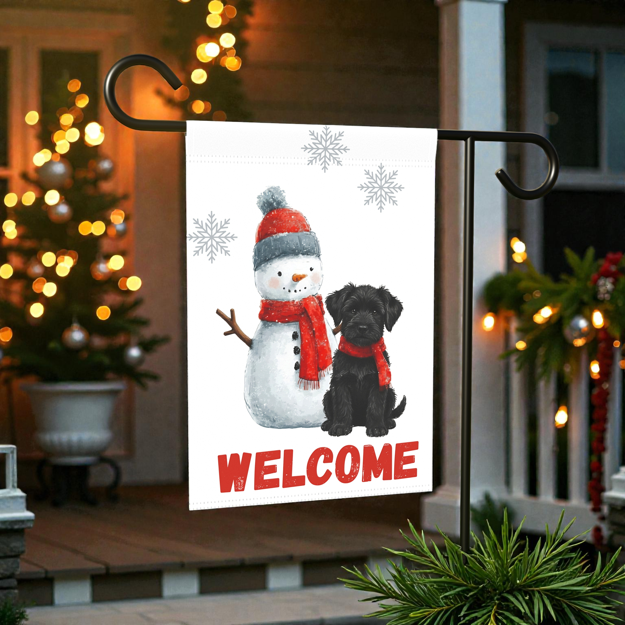 Black Russian Terrier and Snowman Welcome Garden Flag - product detail - Dragonfire Gardens