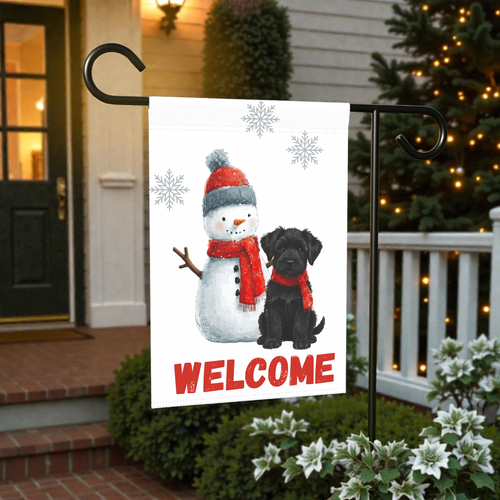 Black Russian Terrier and Snowman Welcome Garden Flag - front view - Dragonfire Gardens