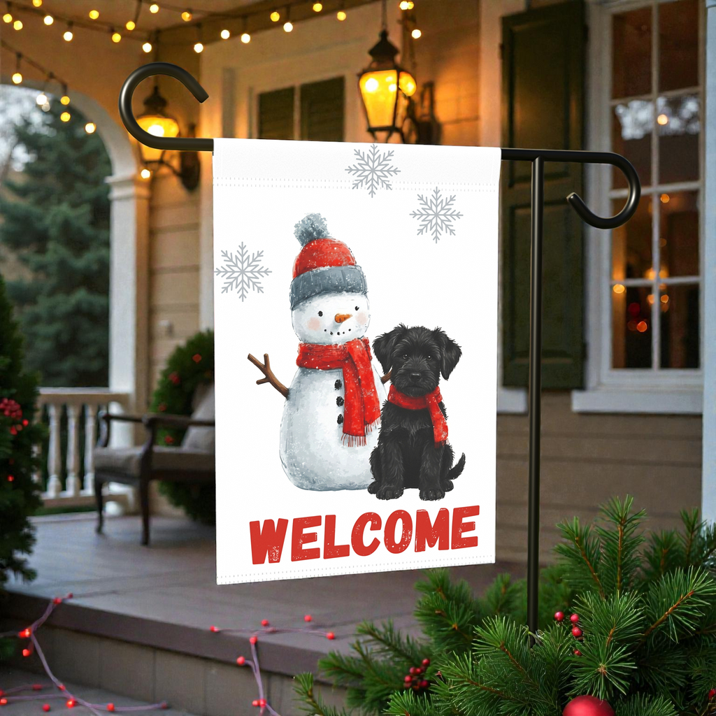 Black Russian Terrier and Snowman Welcome Garden Flag - lifestyle display - Dragonfire Gardens