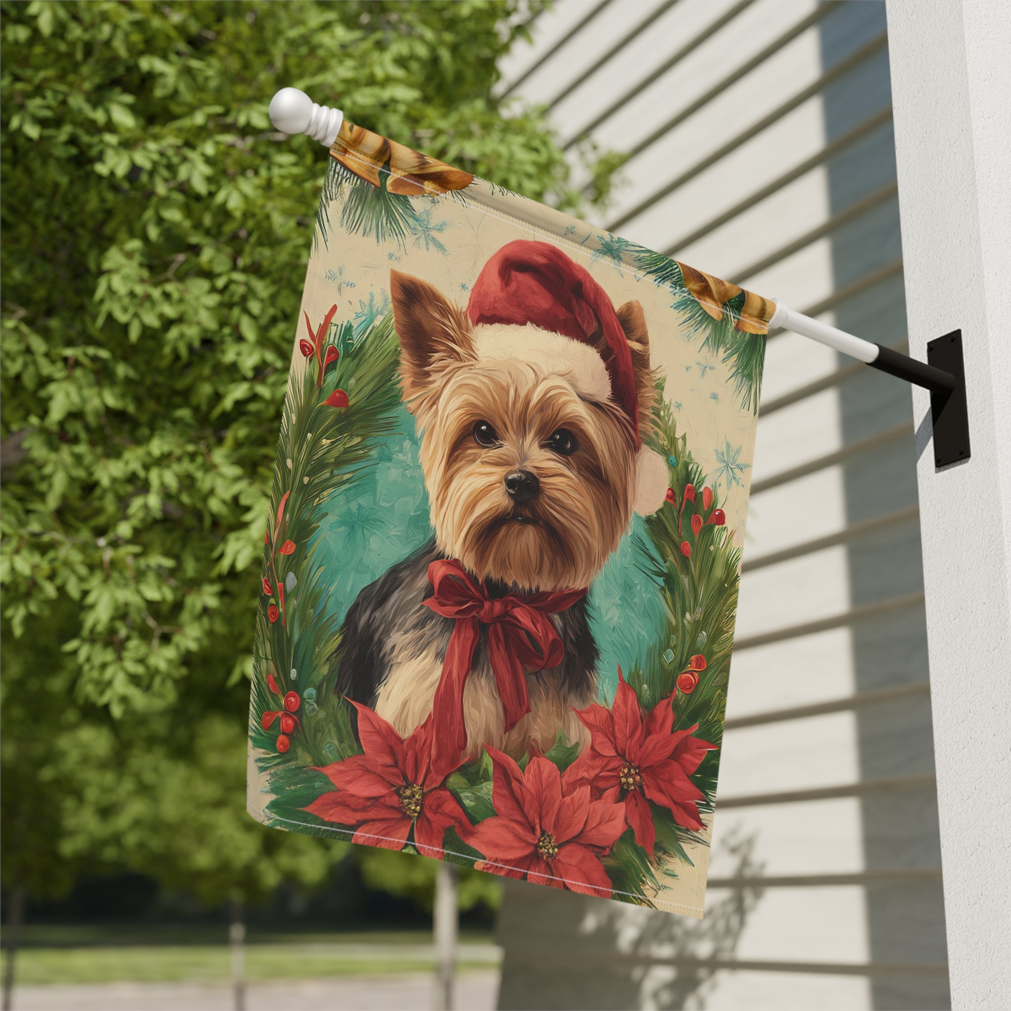Santa Hat and Bow Yorkshire Terrier Christmas Garden Flag - close-up detail - Dragonfire Gardens