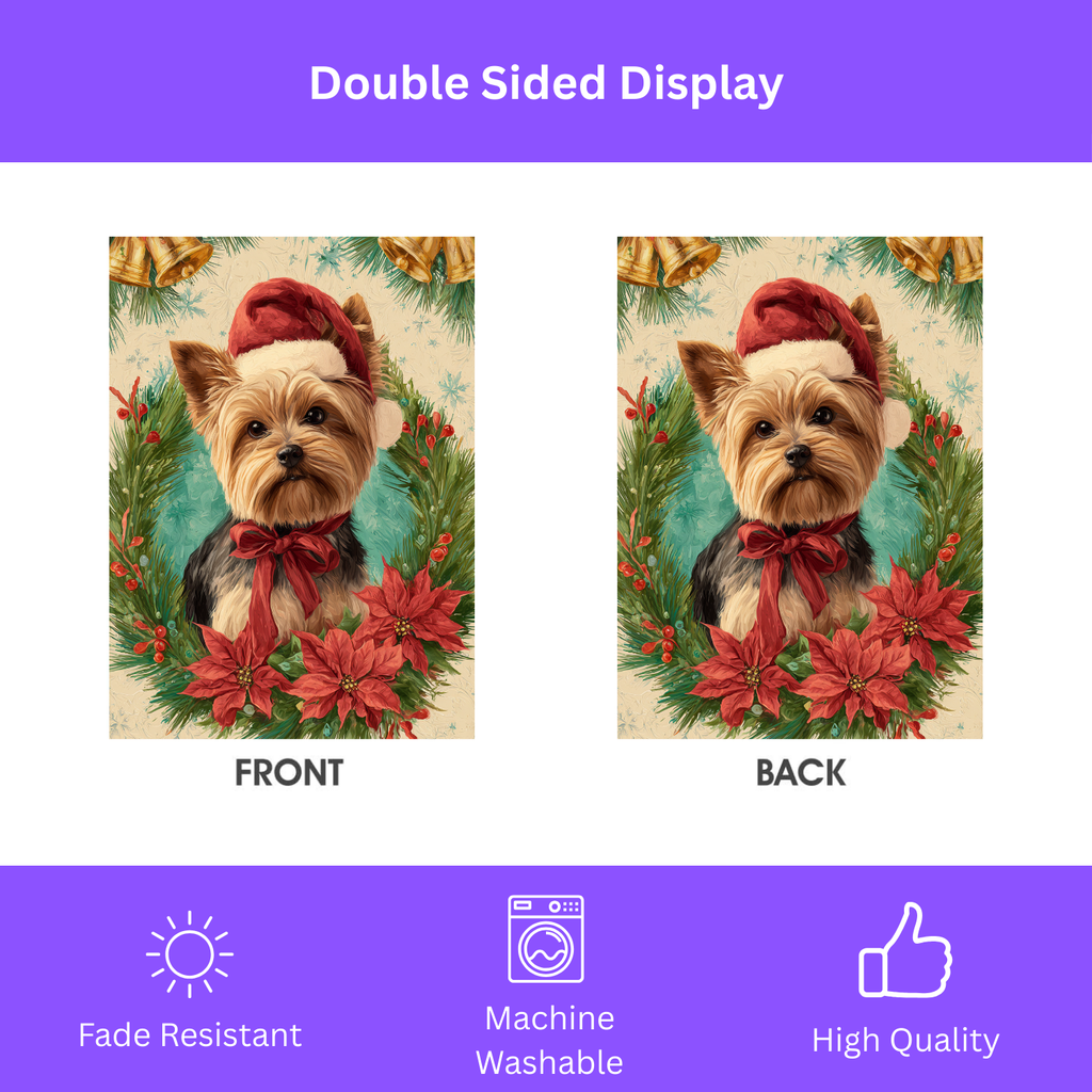 Santa Hat and Bow Yorkshire Terrier Christmas Garden Flag - double-sided design - Dragonfire Gardens