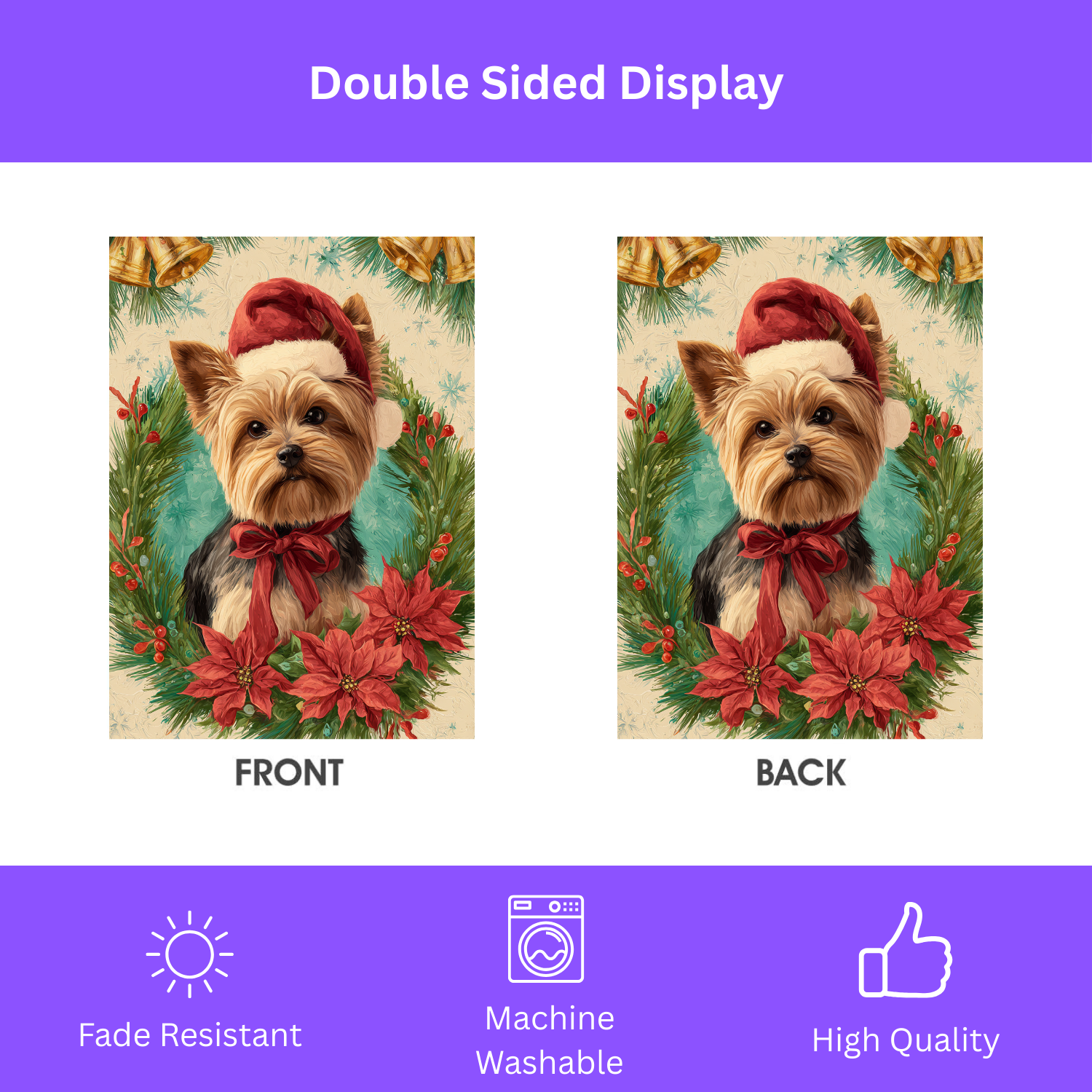 Santa Hat and Bow Yorkshire Terrier Christmas Garden Flag - double-sided design - Dragonfire Gardens