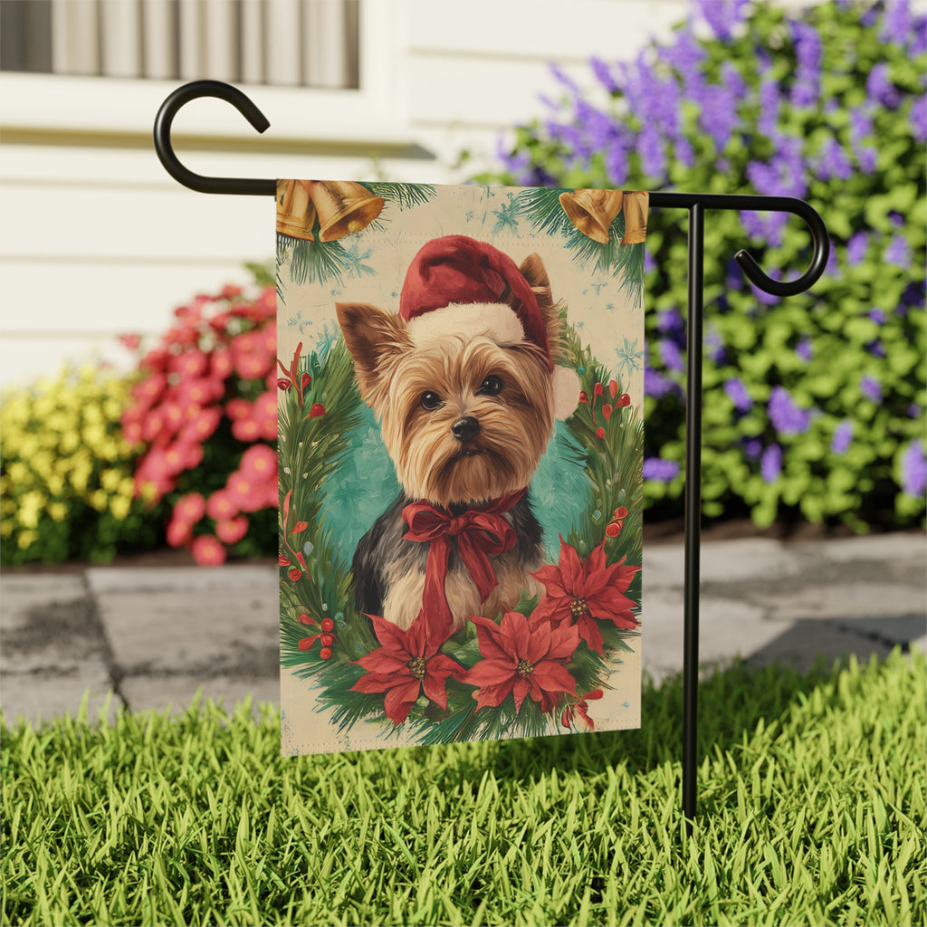 Santa Hat and Bow Yorkshire Terrier Christmas Garden Flag - outdoor display - Dragonfire Gardens