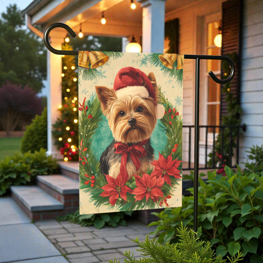 Santa Hat and Bow Yorkshire Terrier Christmas Garden Flag - lifestyle display - Dragonfire Gardens