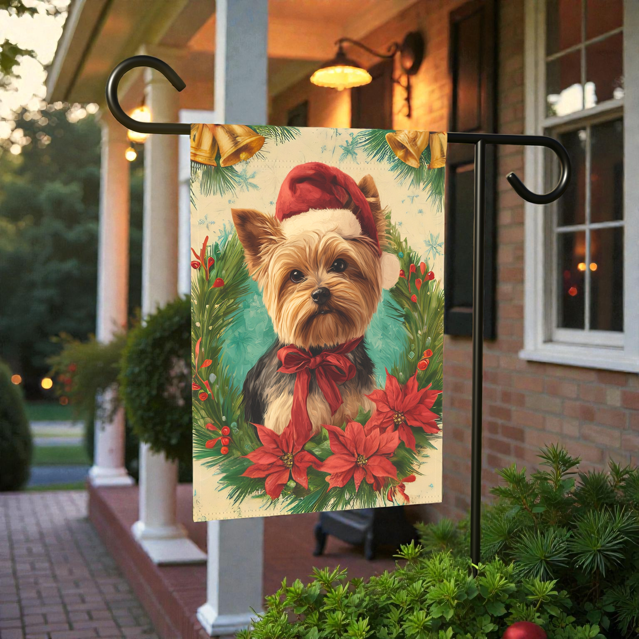 Santa Hat and Bow Yorkshire Terrier Christmas Garden Flag - size comparison - Dragonfire Gardens