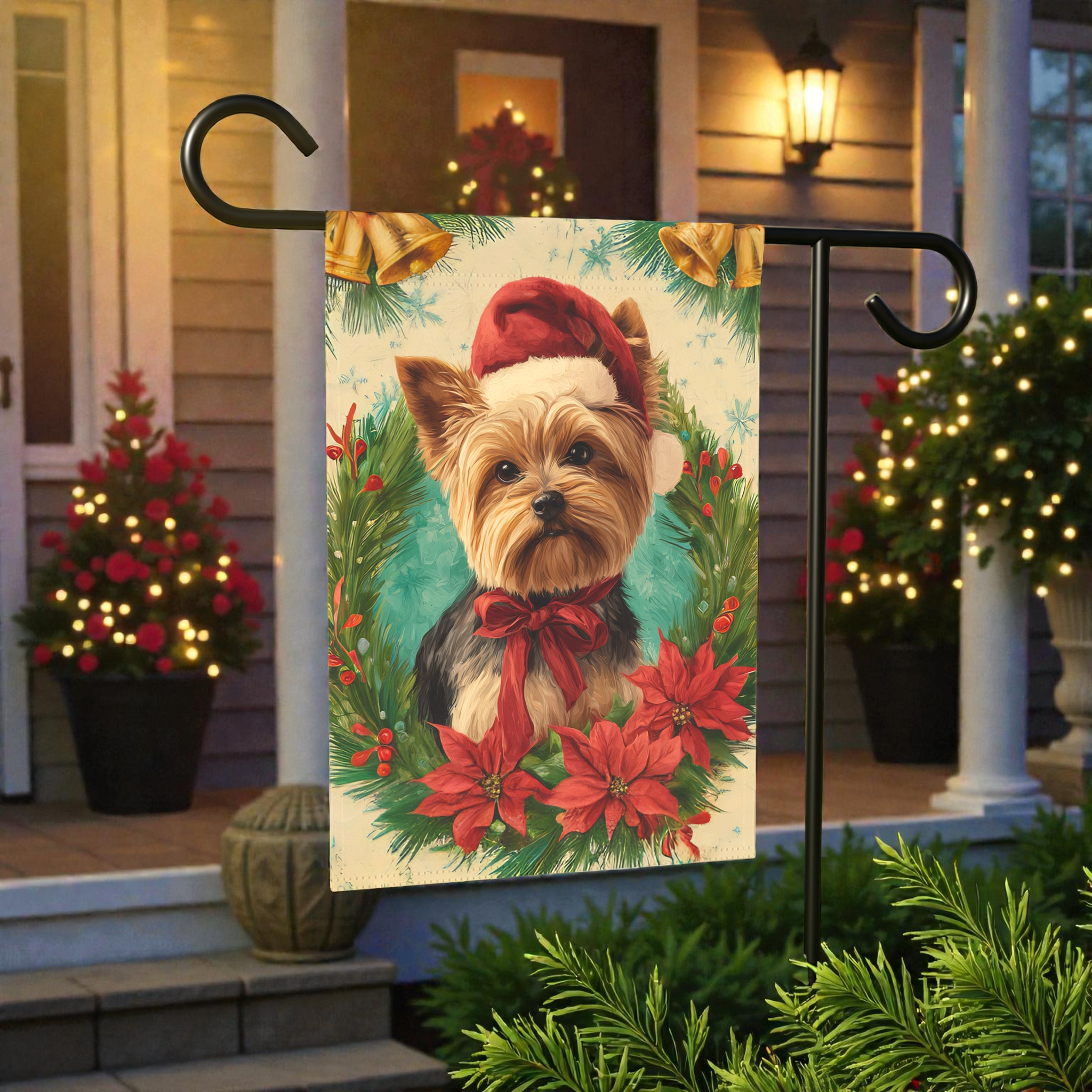 Santa Hat and Bow Yorkshire Terrier Christmas Garden Flag - front view - Dragonfire Gardens