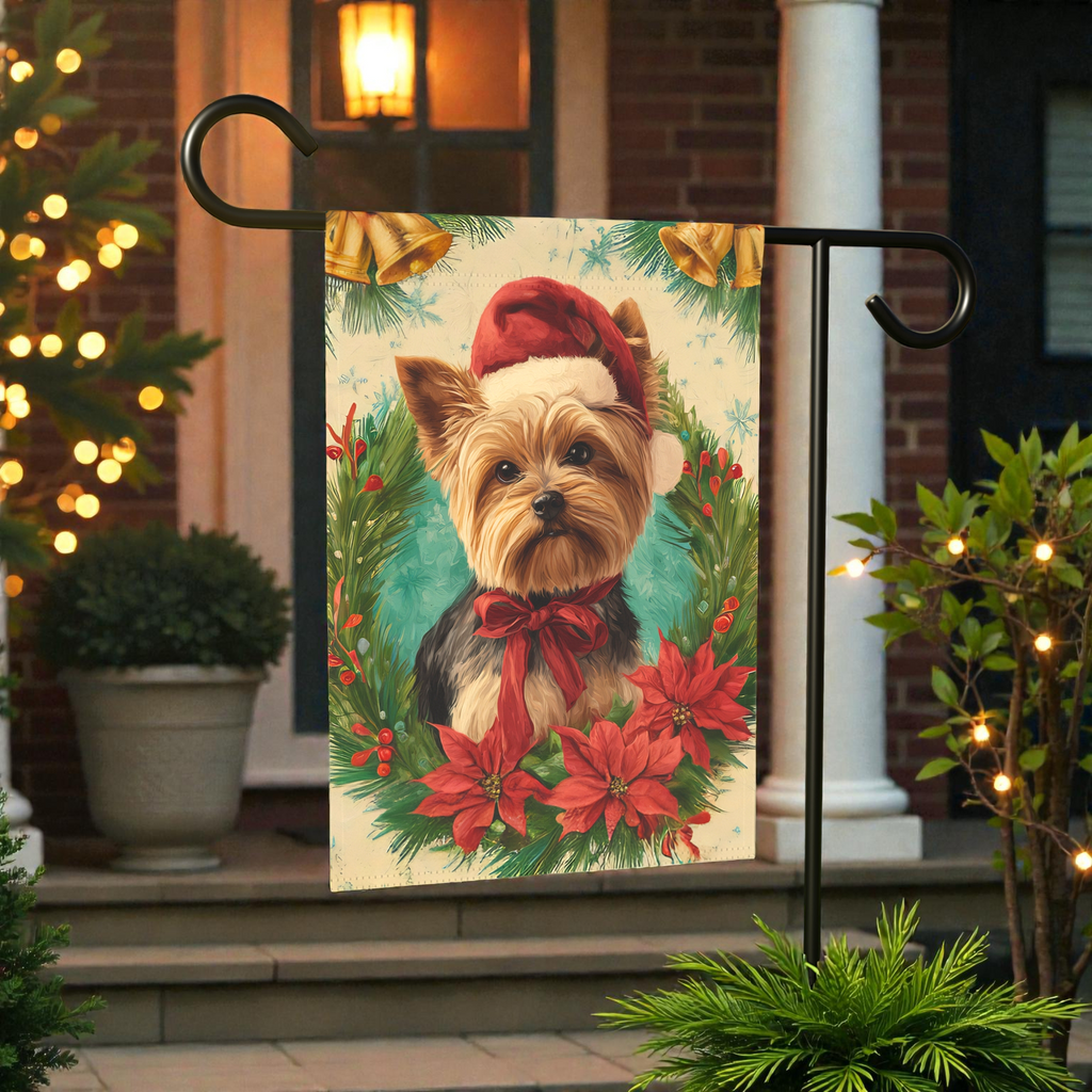 Santa Hat and Bow Yorkshire Terrier Christmas Garden Flag - product detail - Dragonfire Gardens