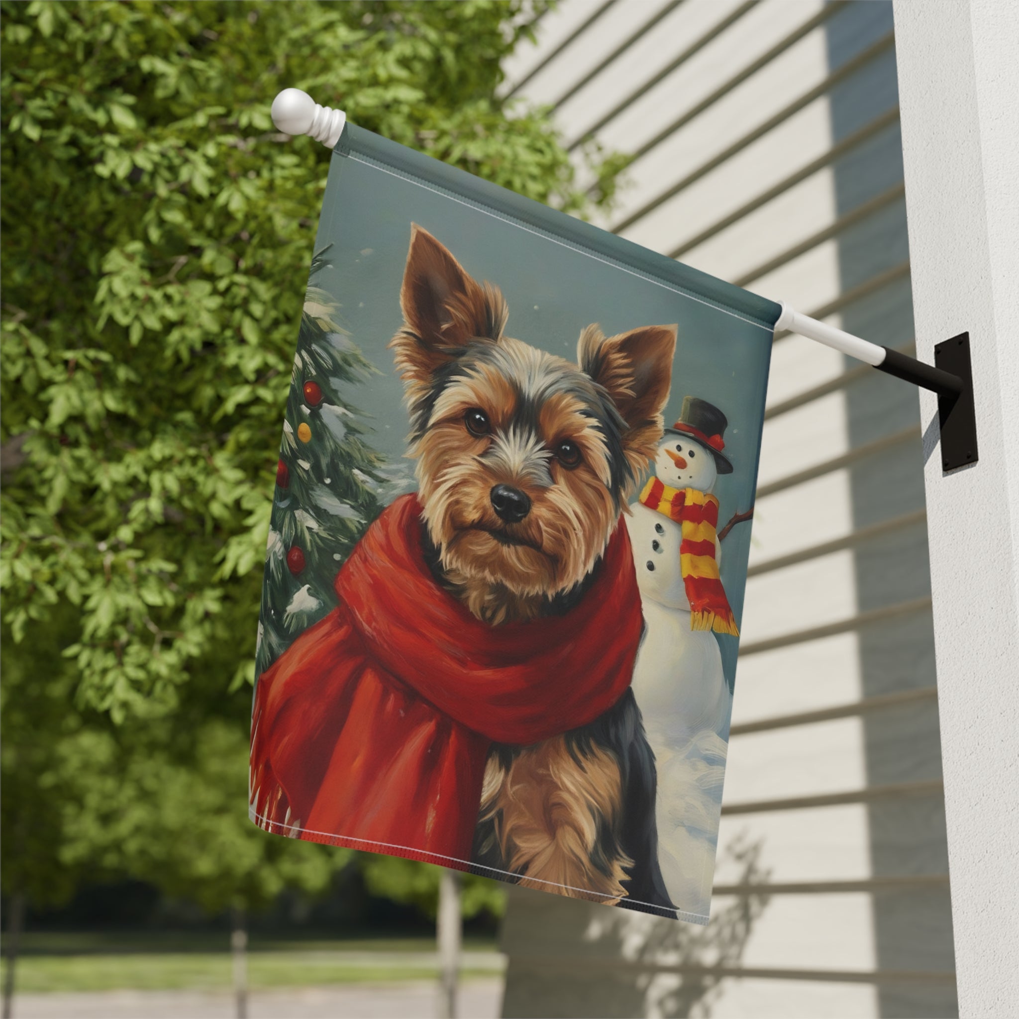 Red Scarf Yorkshire Terrier Christmas Garden Flag - close-up detail - Dragonfire Gardens
