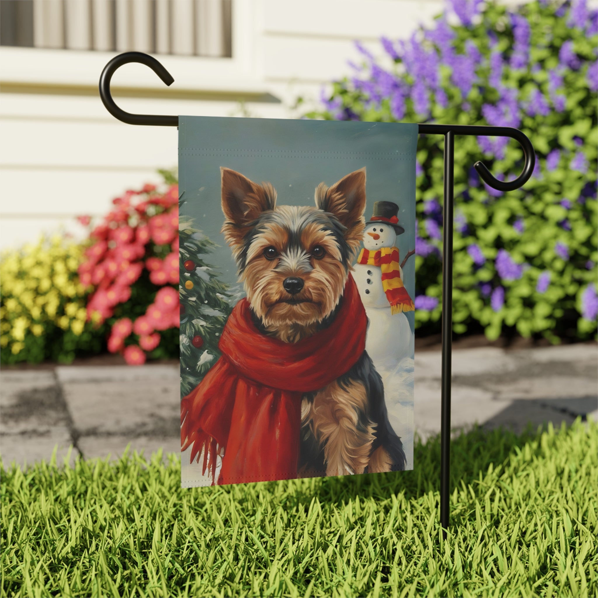 Red Scarf Yorkshire Terrier Christmas Garden Flag - outdoor display - Dragonfire Gardens