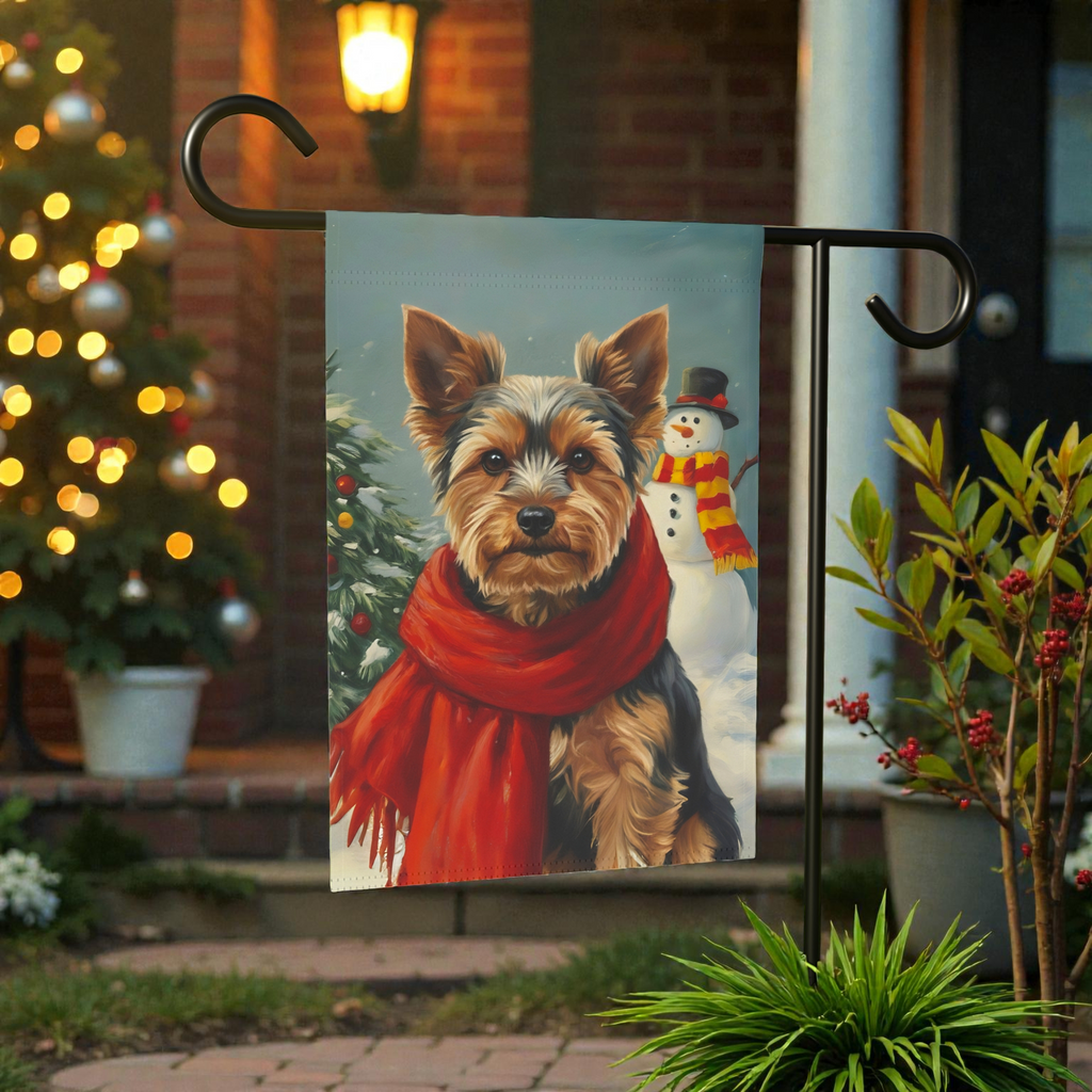 Red Scarf Yorkshire Terrier Christmas Garden Flag - size comparison - Dragonfire Gardens