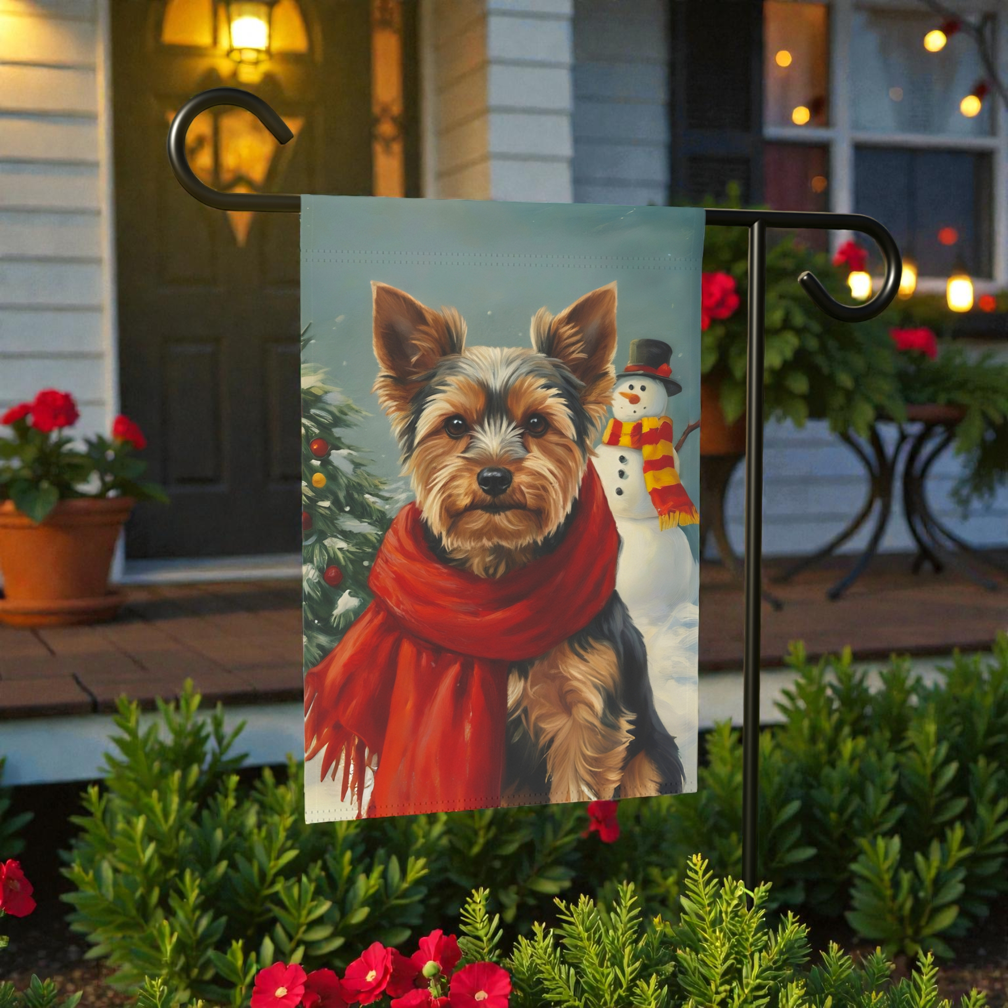 Red Scarf Yorkshire Terrier Christmas Garden Flag - lifestyle display - Dragonfire Gardens